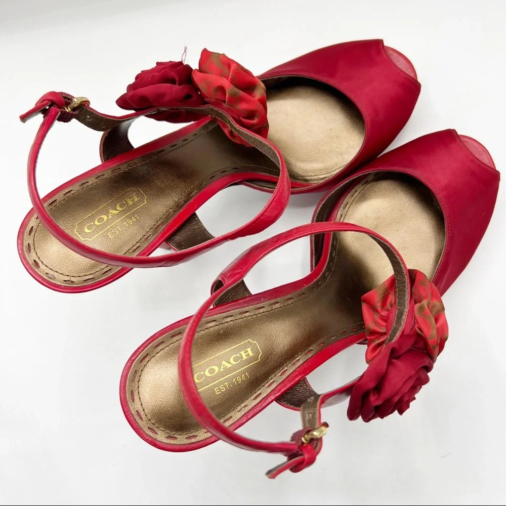 Coach Addysen Red Leather & Silk Rosette Heeled Peep Toe Shoes, Size 9.5B (Med)